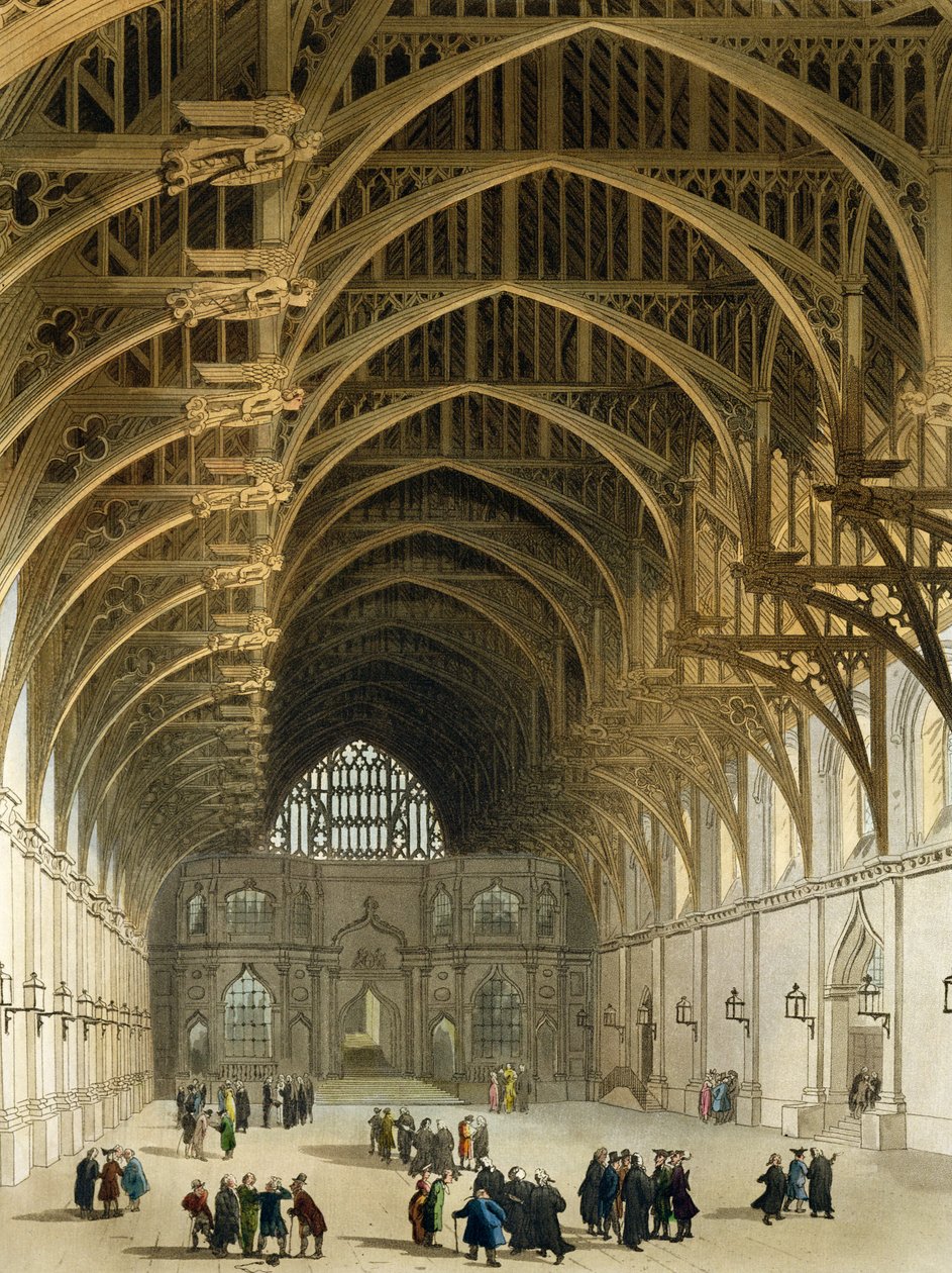Westminster Hall, graverad av J. Bluck (fl.1791-1831) pub. av R. Ackermann, 1809 (färgad akvatint) av Pugin and Rowlandson