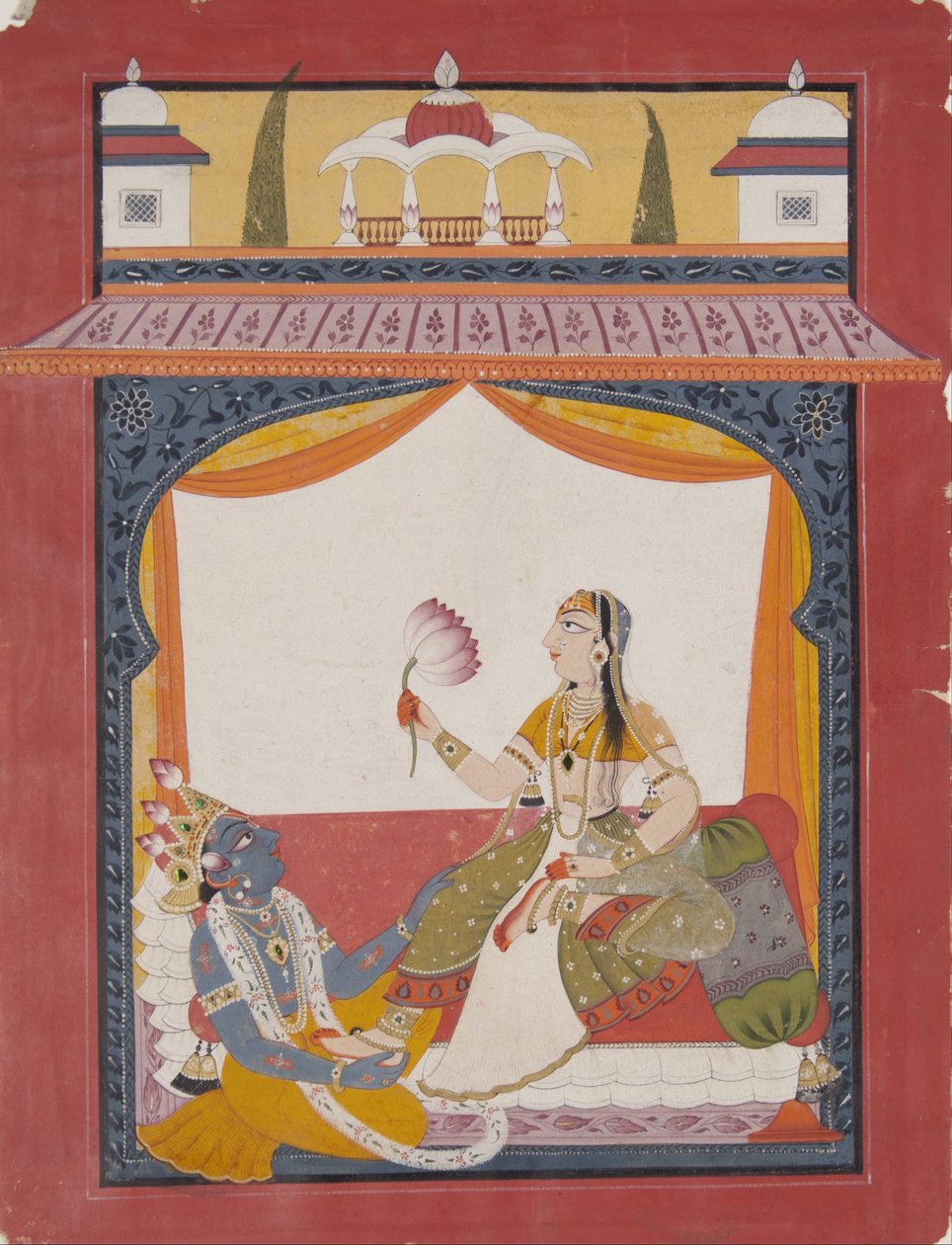 Krishna masserar fötterna på Radha, en scen möjligen från Gita Govinda av Punjab Hills