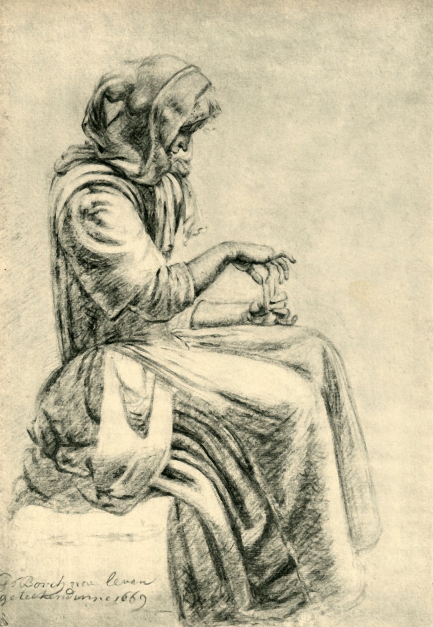 Sittande kvinna med spelkort, 1669, 1943. av Pupil of Gerard ter Borch II