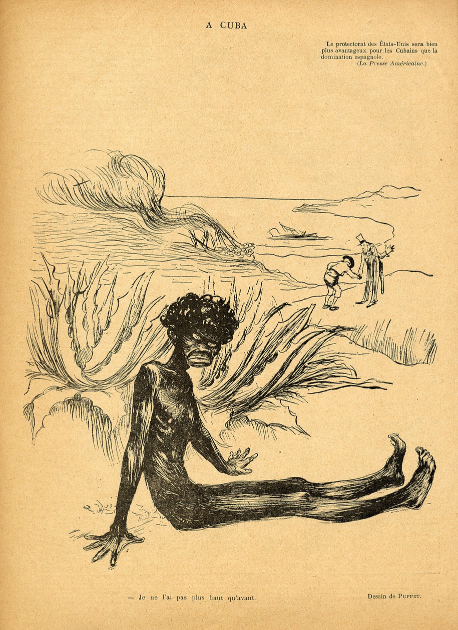 USA tar Kuba från Spanien, tecknad film från Le Rire, 29 oktober 1898 av Puppet