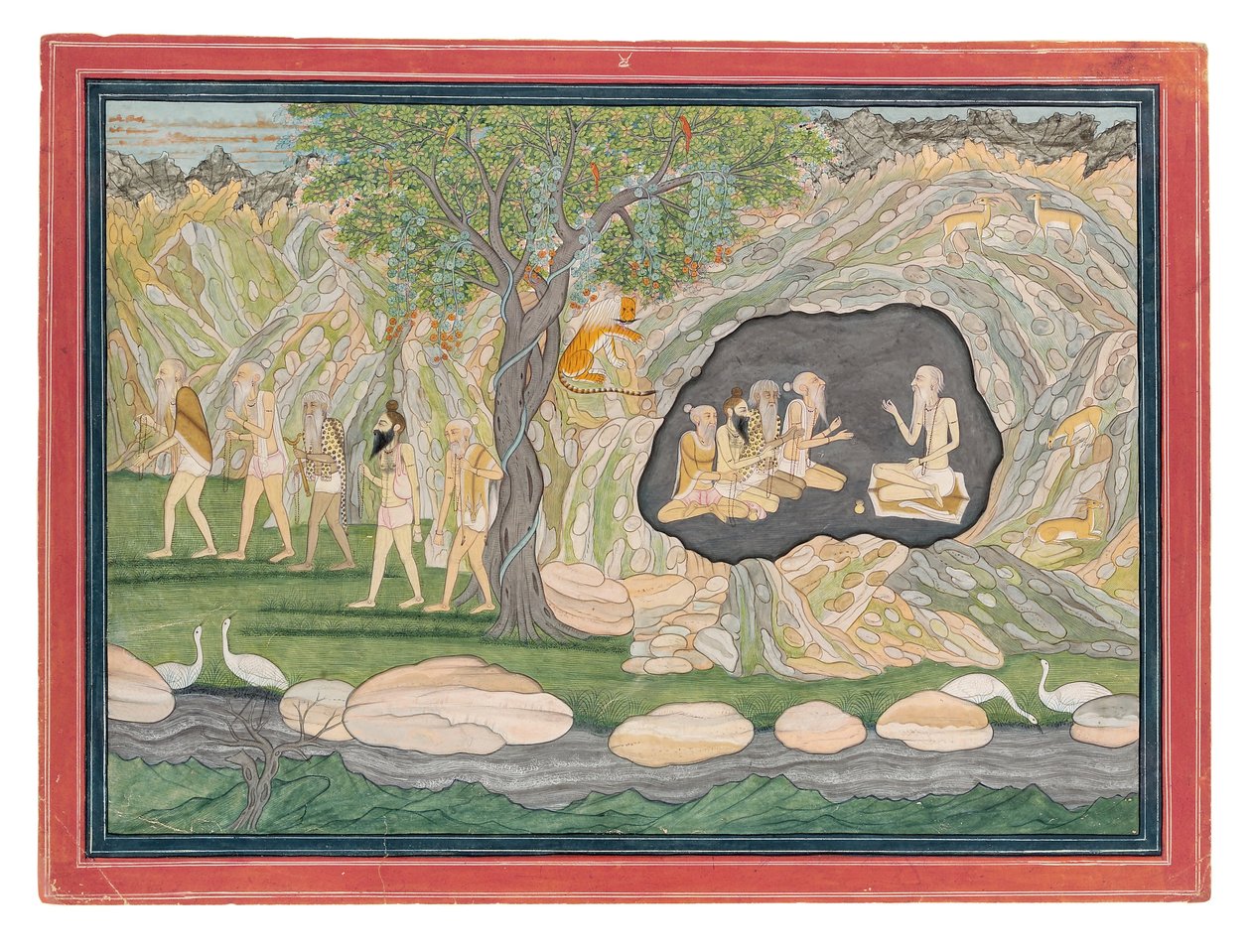 De fem Siddhas tar sig till Kailashabergen, ca 1820 (ogenomskinlig wc på papper) av Purkhu