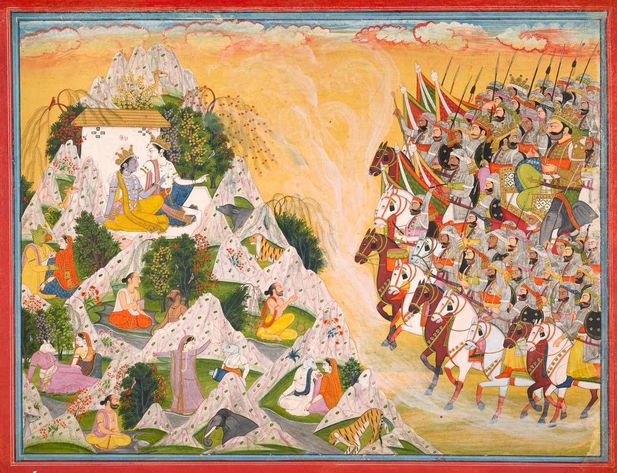 Jarasandhas armé avancerar mot Krishna och Balrama, folio från en Mahabharata av Purkhu