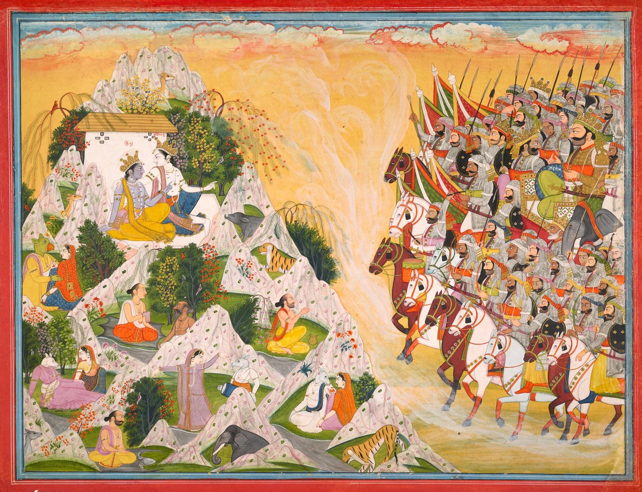 Jarasandhs armé avancerar mot Krishna och Balaram, Folio från Mahabharata, ca 1200-1312 av Purkhu of Kangra