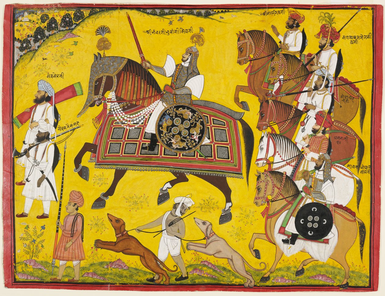 Professionellt porträtt av prins Bhawani Singh av Sitamau, 1855 (gouache, silver och guld på papper) av Pyara Singh