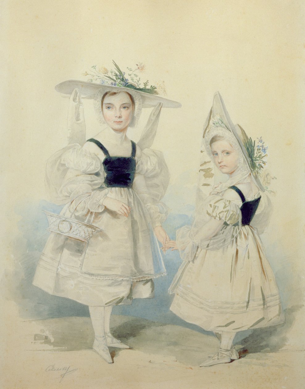 Porträtt av storprinsessorna Olga och Alexandra i finklänning, 1830-talet av Pyotr Fyodorovich Sokolov