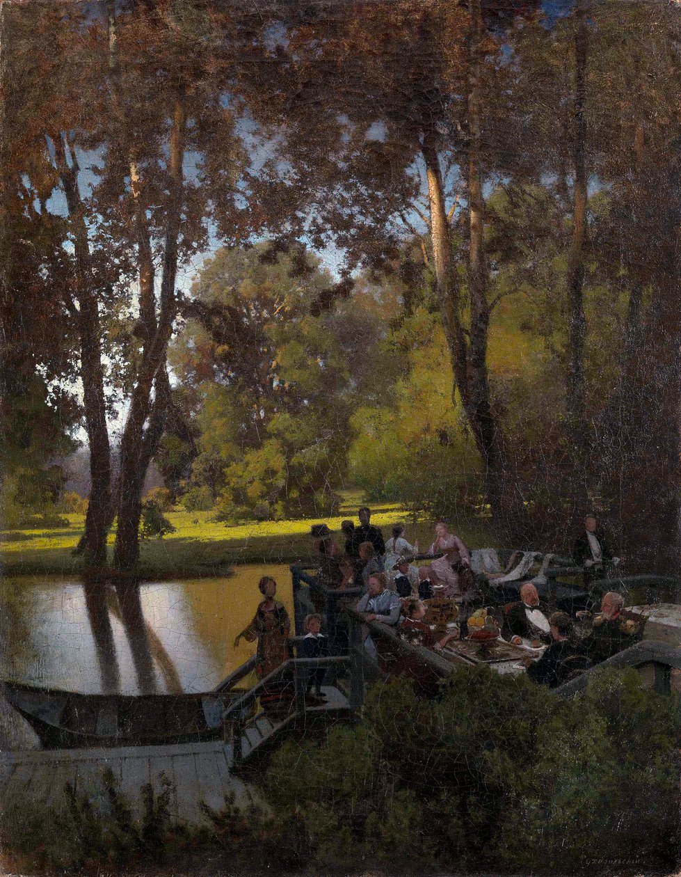 ""Dejeuner au parc"" (Lunch i parken) Peinture de Pyotr Alexandrovich Sukhodolsky (Soukhodolsky) (1835-1903) Olja på duk Dim 61,5x48 cm Privat samling av Pyotr Alexandrovich Sukhodolsky