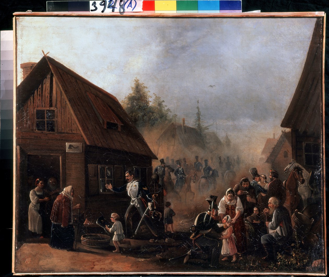 Scen för det ryska franska kriget 1812 (Scen av det ryska franska kriget 1812). Målning av Pjotr ​​Iljitsj Baykov (1817-?). Olja på duk, 45,3 x 55,5 cm av Pyotr Baykov