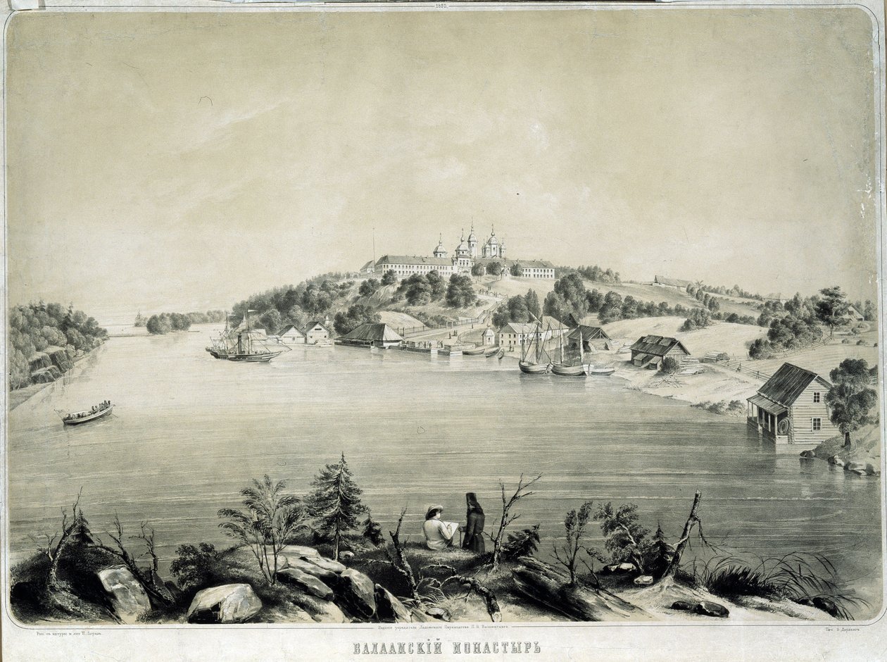 Valaam-klostret (eller Valamo) på Valaam Island i Lake Lagoda (Ryssland) (The Valaam Monastery on Valaam Island in Lake Lagoda). Teckning av Pyotr Fyodorovich Borel (1829-1898). Litografi, 53,3 x 70,5 cm av Pyotr Fyodorovich Borel