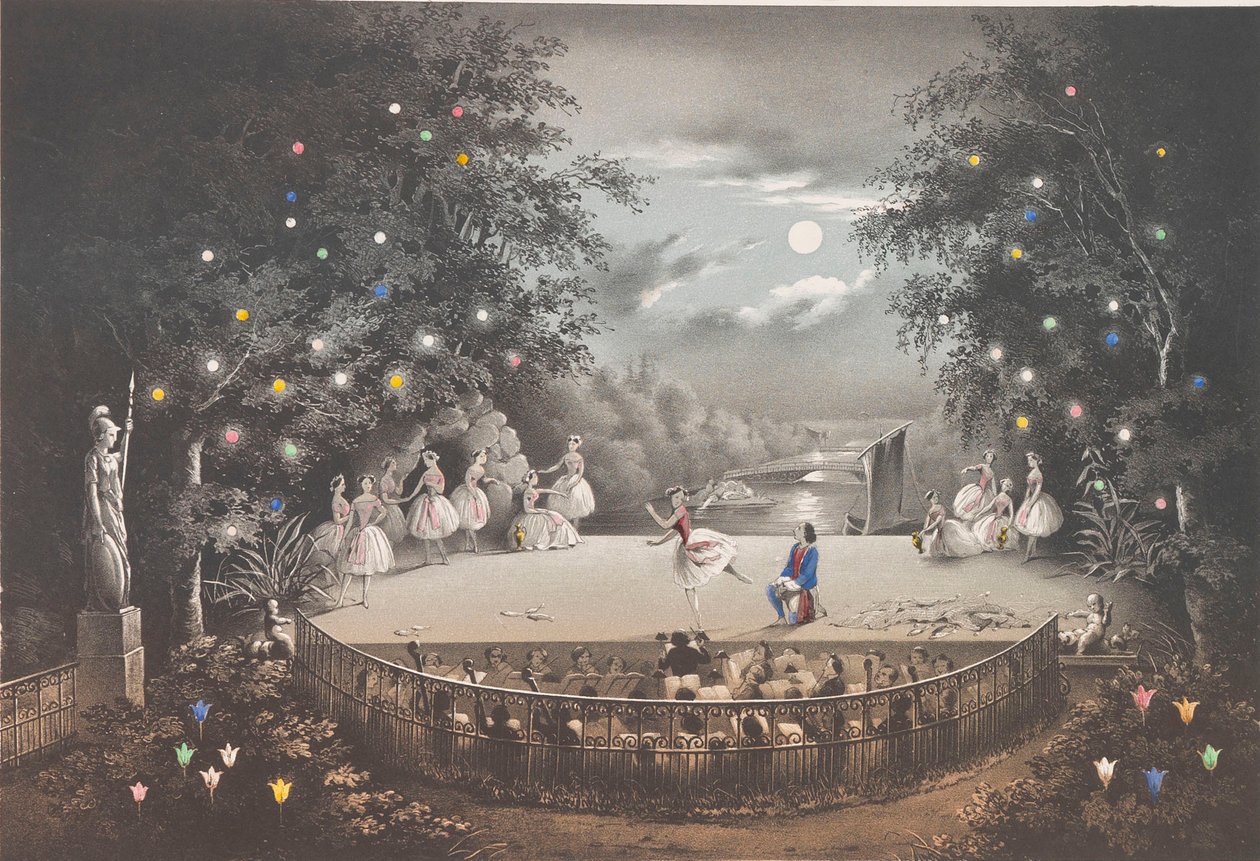 Baletten Naiad and Fisherman av C. Pugni i den rosa paviljongen, i Peterhofparken, 1851. av Pyotr Fyodorovich Borel