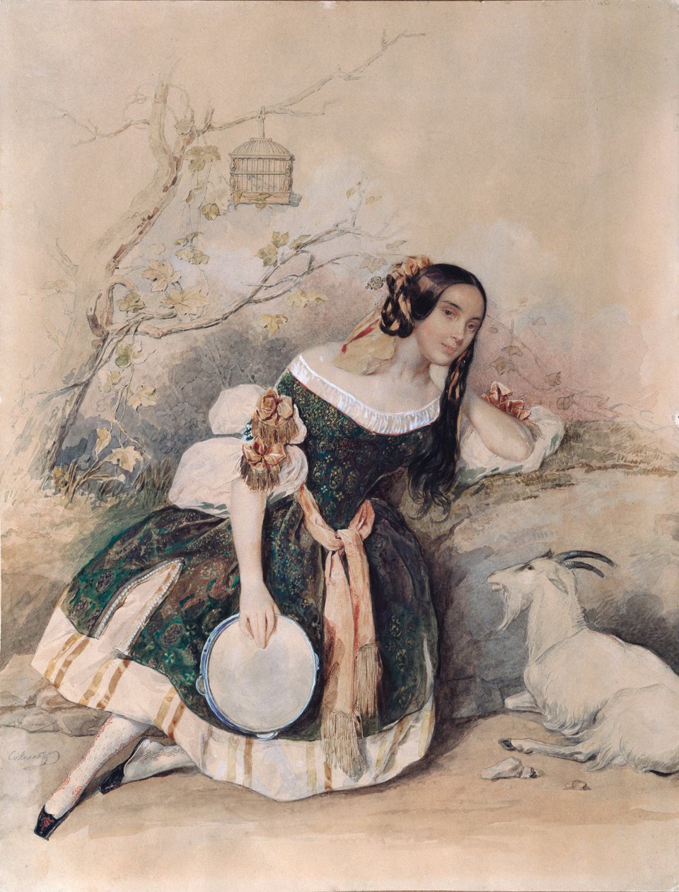 Smaragd. (Ballerina för balett av Marius Petipa (1818-1910) anpassad från ""Notre Dame de Paris"", av Victor Hugo (1802-1885) Verk av Pyotr (Piotr) Fyodorovich Sokolov (Pierre Sokolov) (1791-1848), akvarell, gouache, vitt och guld på papper Art r av Pyotr Fyodorovich Sokolov