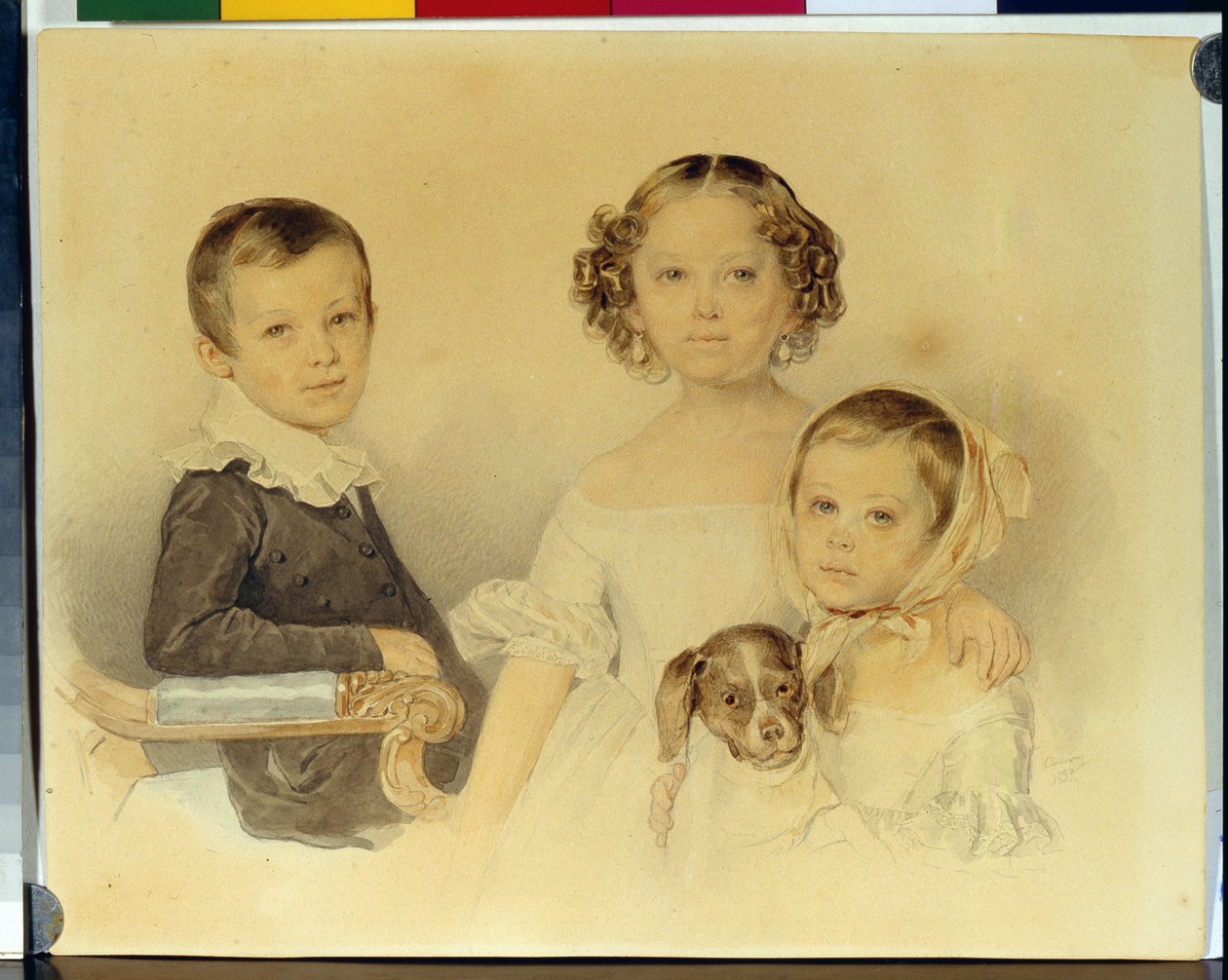 Porträtt av Lanskoy-barnen. Verk av Pyotr (Piotr) Fyodorovich Sokolov (Pierre Sokolov) (1791-1848), akvarell på kartong av Pyotr Fyodorovich Sokolov