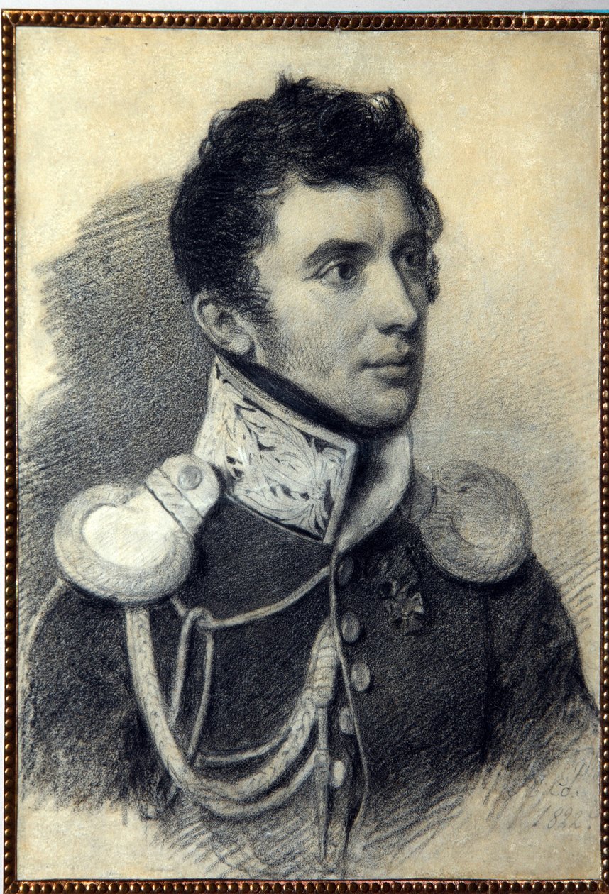 Porträtt av Decembrist (eller Decabrist) Nikita Muravyov (1797-1843). (Porträtt av Decembrist N. Muravyov). Verk av Pyotr (Piotr) Fyodorovich Sokolov (Pierre Sokolov) (1791-1848), penna och pastell på kartong, 1822. Rysk konst, 1800-talet, romantik. A.P av Pyotr Fyodorovich Sokolov