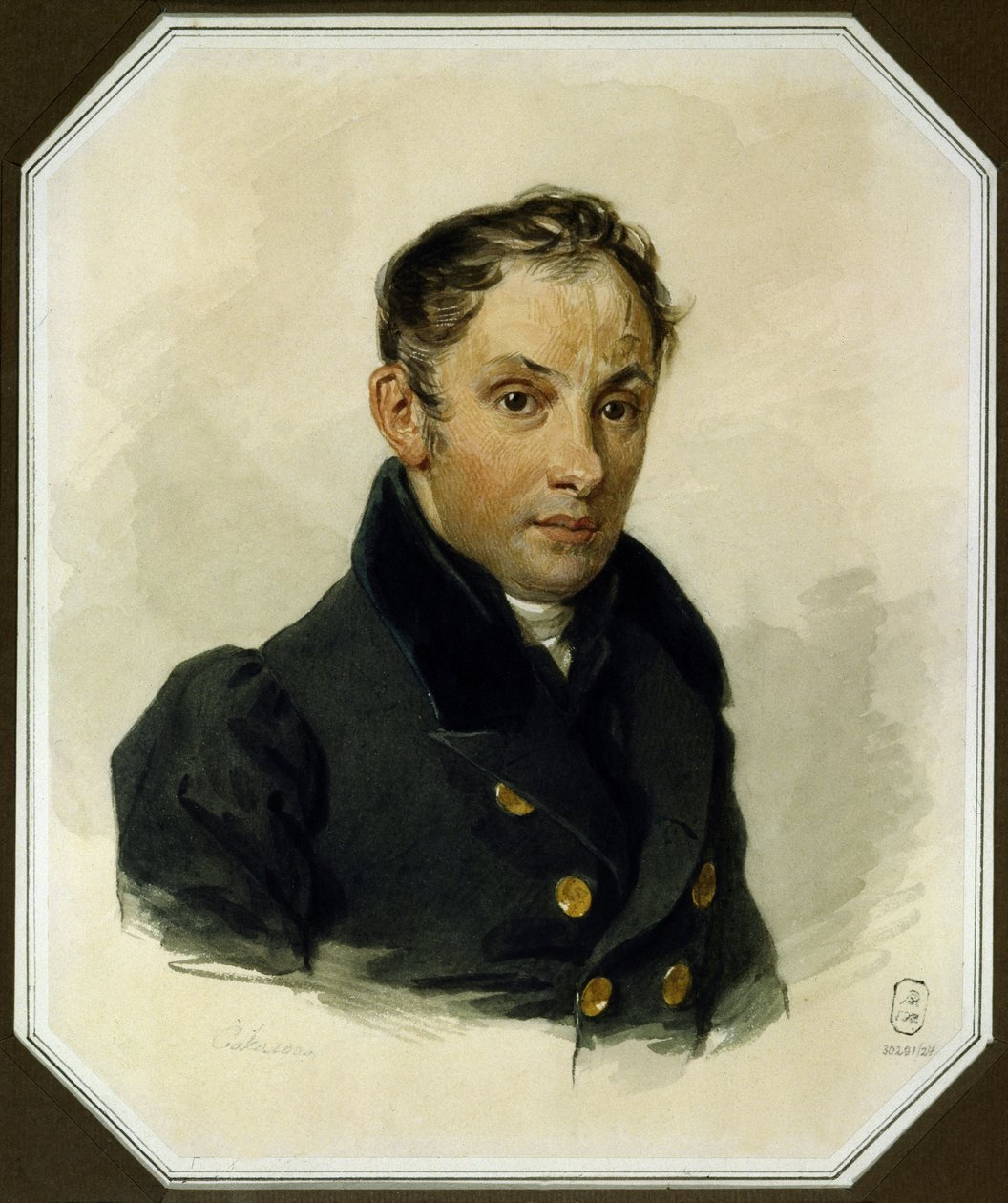 Porträtt av poeten Vasilij Zjukovskij (1783-1852) (Vasilij Zjukovskij) - Verk av Pyotr Fjodorovich Sokolov (1791-1848) akvarell på papper (17x14 cm), omkring 1820 - A. Pushkin Memorial Museum, Sankt Petersburg (Ryssland) av Pyotr Fyodorovich Sokolov