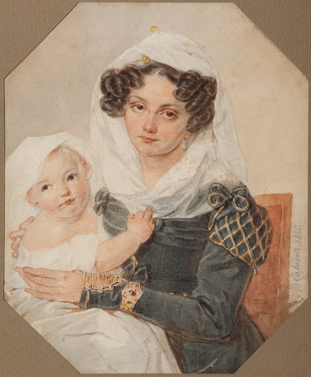 Porträtt av grevinnan Maria Nikolayevna Volkonskaya 1805-1863 med sonen Nikolay, 1826 av Pyotr Fyodorovich Sokolov