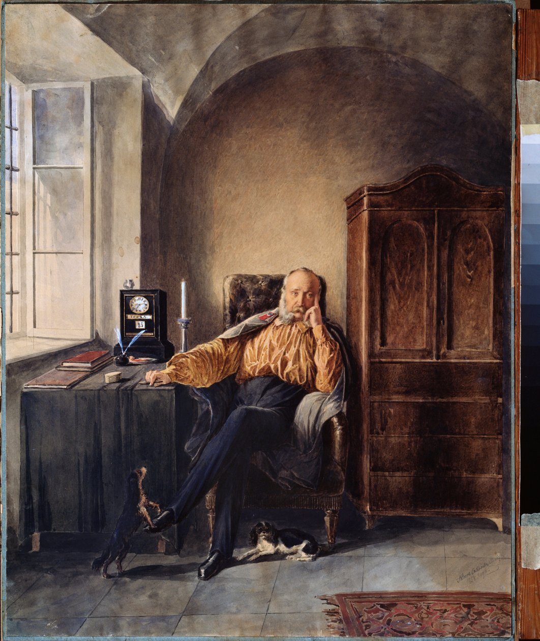 Pensionering. (En man ensam, uppslukad av sina tankar vid sitt skrivbord). Verk av Pyotr (Piotr) Petrovich Sokolov (1821-1899), akvarell och vitt på papper av Pyotr Fyodorovich Sokolov