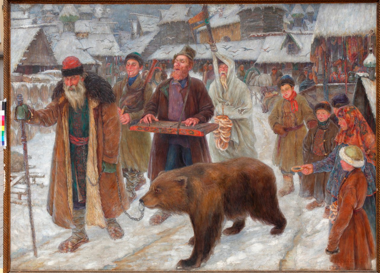 ""The Song of the skomorokh"" (The Song of the skomorokh) Ambulerande artister, björntämjare i Ryssland Målning av Pyotr Ivanovich Subbotin (Permyak) (1886-1923) av Pyotr Ivanovich Subbotin