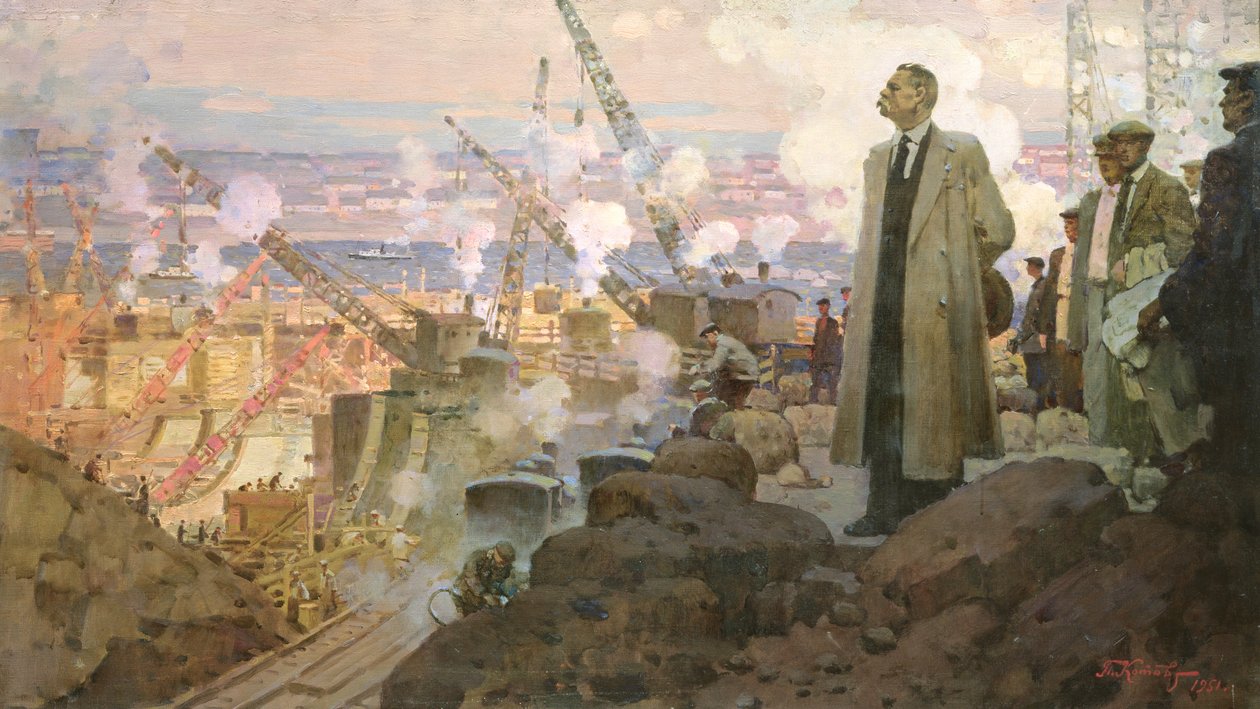 Maxim Gorkij (1868-1936) vid byggnaden av vattenkraftverket "DnieproGES av Pyotr Ivanovich Kotov