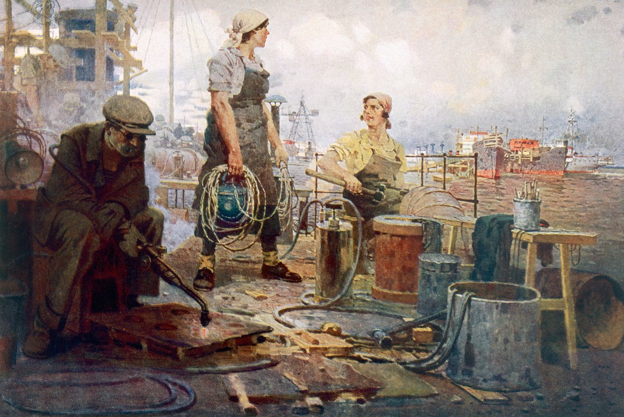 Det röda Sormovo-varvet, ca 1920 (färglitografi) av Pyotr Ivanovich Kotov