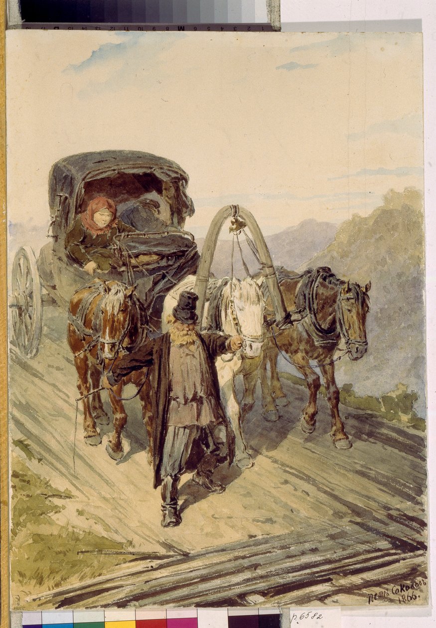 Trojka (rysk vagn dragen av tre hästar). Verk av Pyotr (Piotr) Petrovich Sokolov (1821-1899), akvarell på papper av Pyotr Petrovich Sokolov