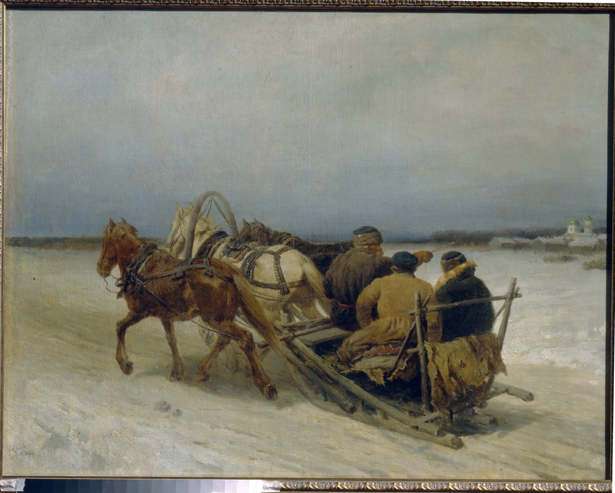 Trojka på vintern. (Traditionell rysk hitch, dragen av tre hästar). Målning av Pyotr (Piotr) Petrovich Sokolov (1821-1899), olja på duk av Pyotr Petrovich Sokolov
