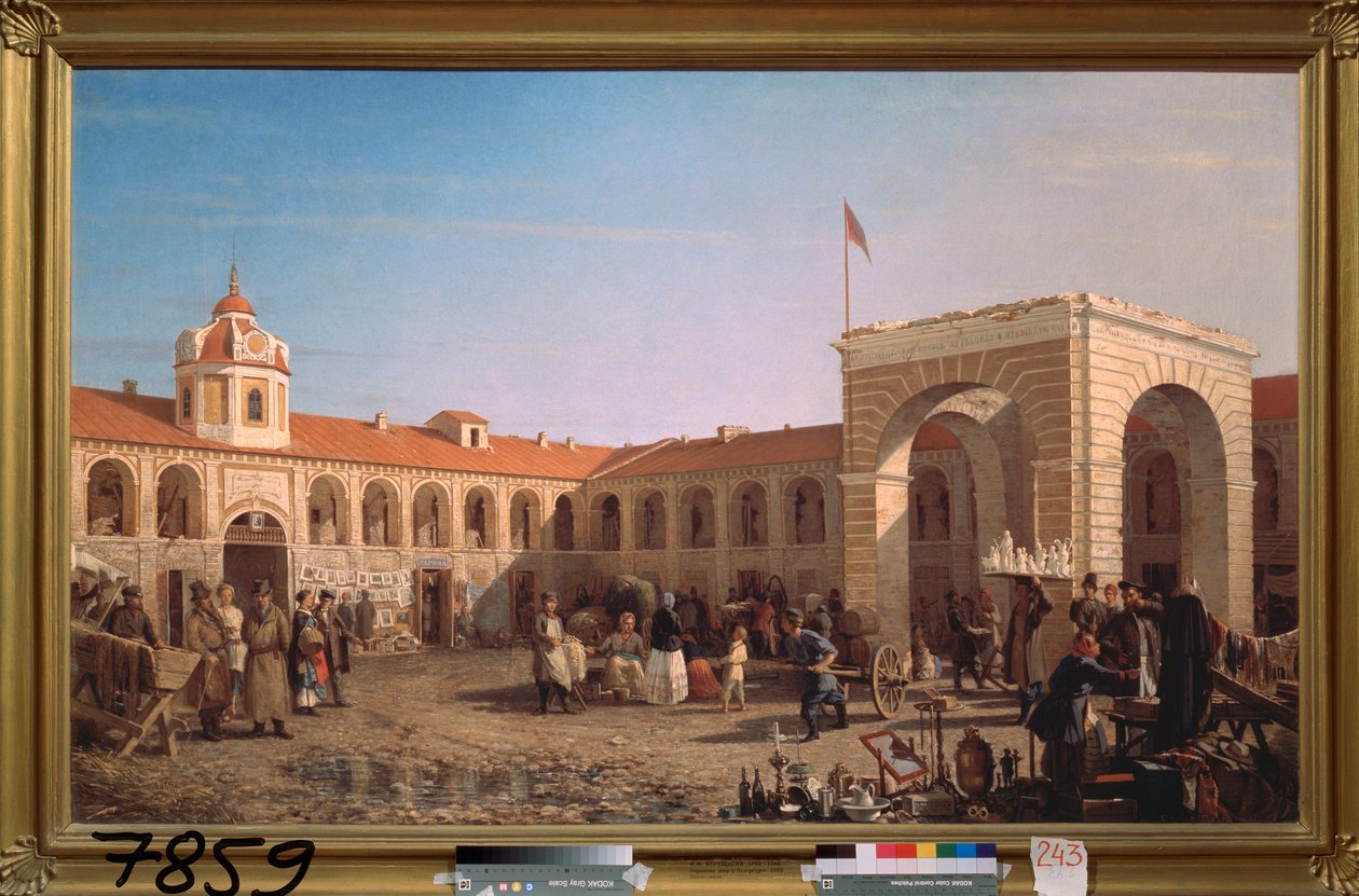 Apraksin Market i St Petersburg - Målning av Pyotr Petrovich Vereshchagin (Piotr Vereshchagin) (1836-1886), olja på duk av Pjotr ​​​​Petrowitsch Wereschtschagin