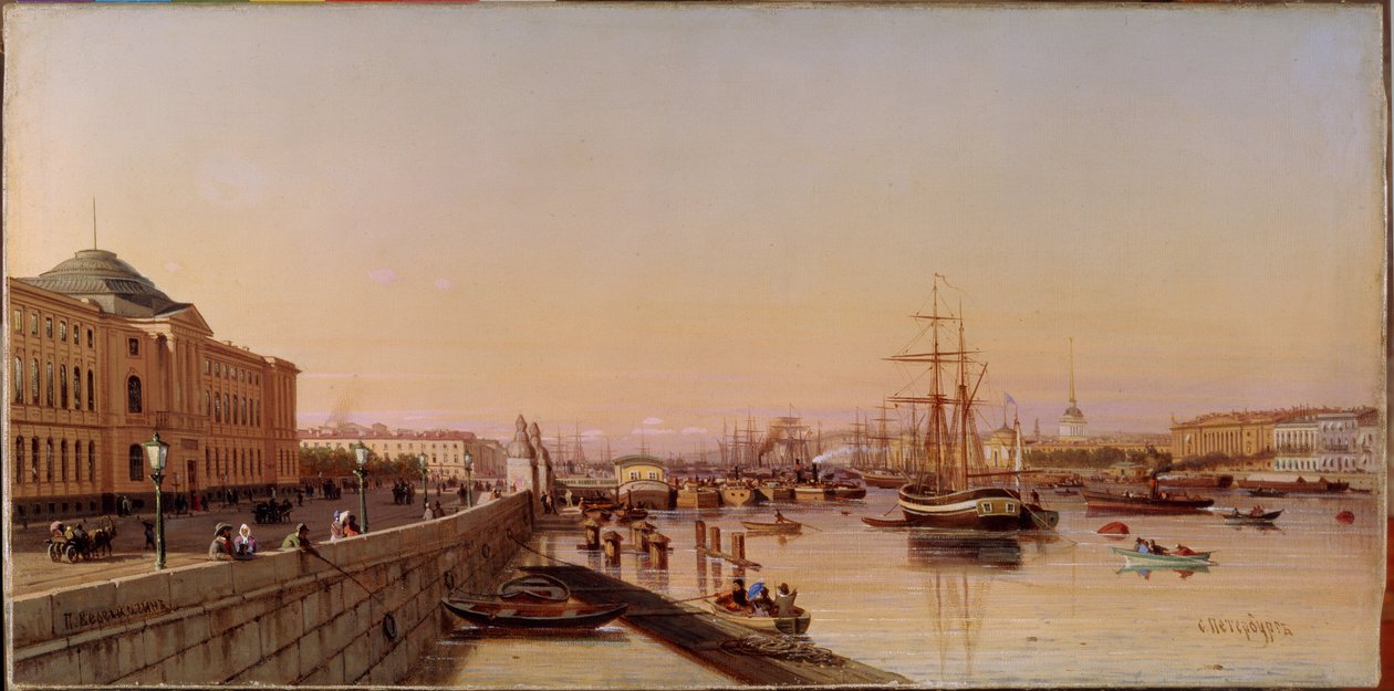 Sommarkväll på vallen av Neva, nära konstakademin i Sankt Petersburg. Målning av Pyotr Petrovich Vereschagin (Vereshchagin, Vereshchagin) (1836-1886), olja på duk, cirka 1870. Rysk konst av Pjotr ​​​​Petrowitsch Wereschtschagin