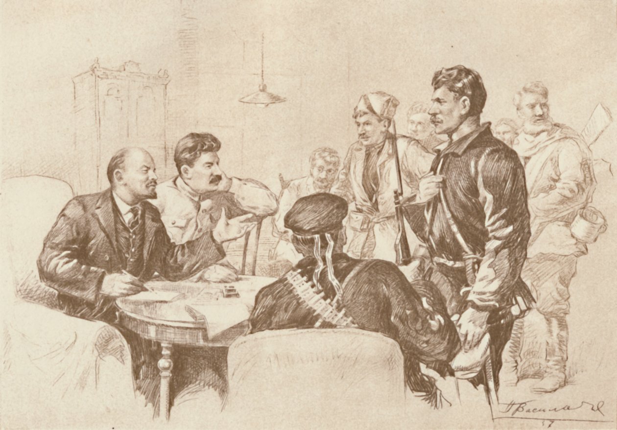 Lenin och Stalin talar till röda gardister i Smolnyj, 1917, 1939. av Pyotr Vasilyev