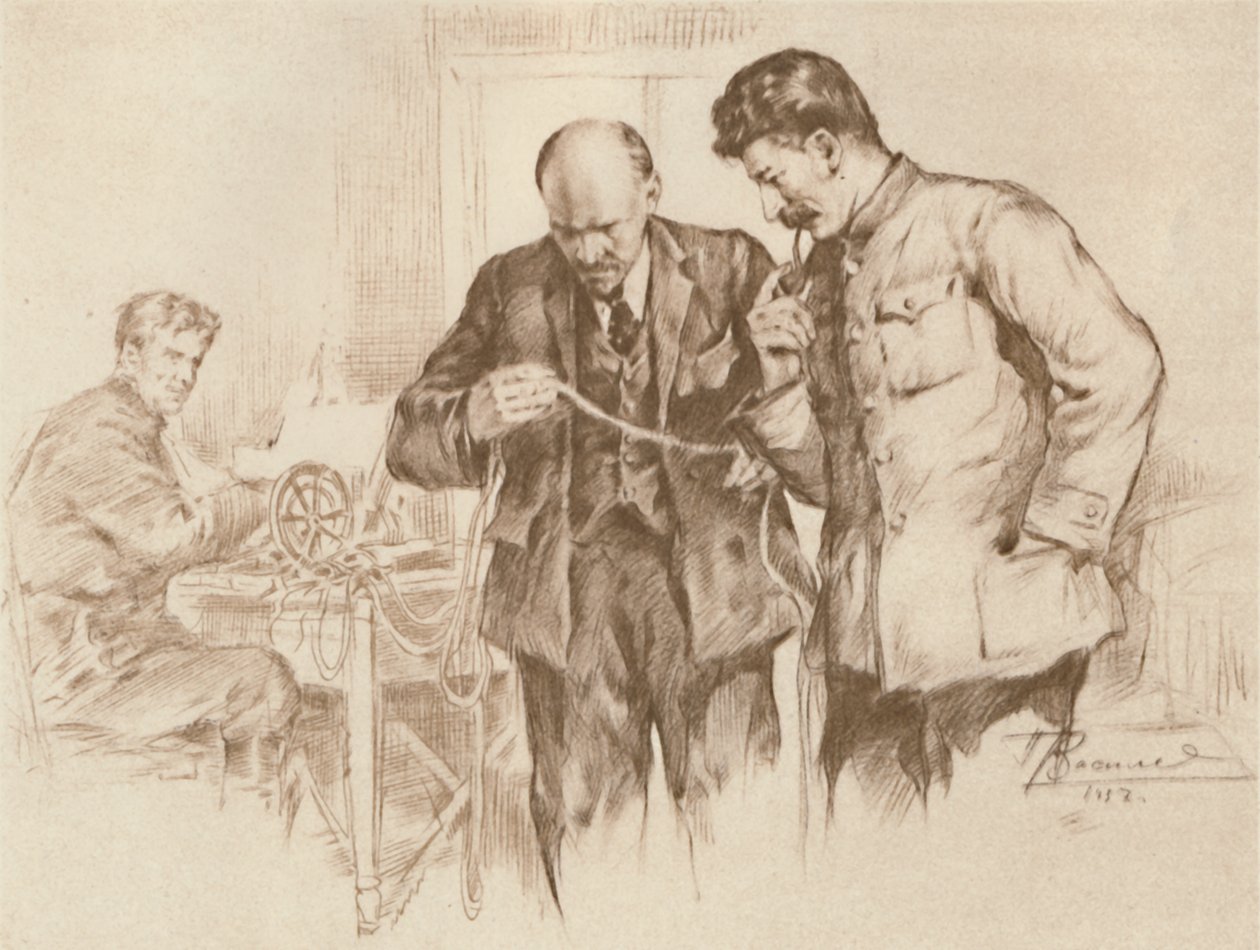 Lenin och Stalin vid den direkta tråden, 1918, 1939. av Pyotr Vasilyev