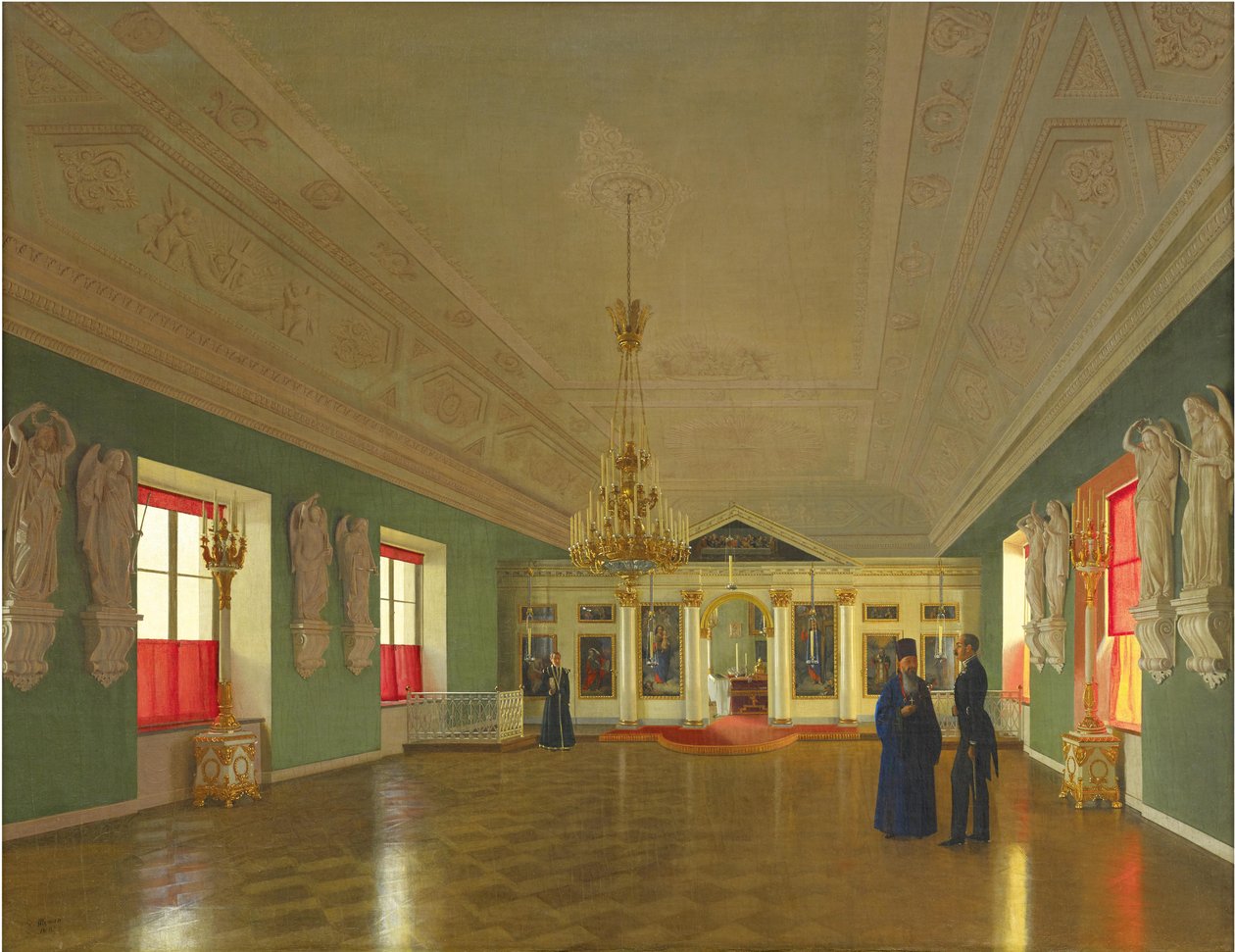 Interiör av Palace Church of St. Alexander Nevsky, Anichkov Palace, Sankt Petersburg, 1850. av Pyotr Vasilyevich Tutukin