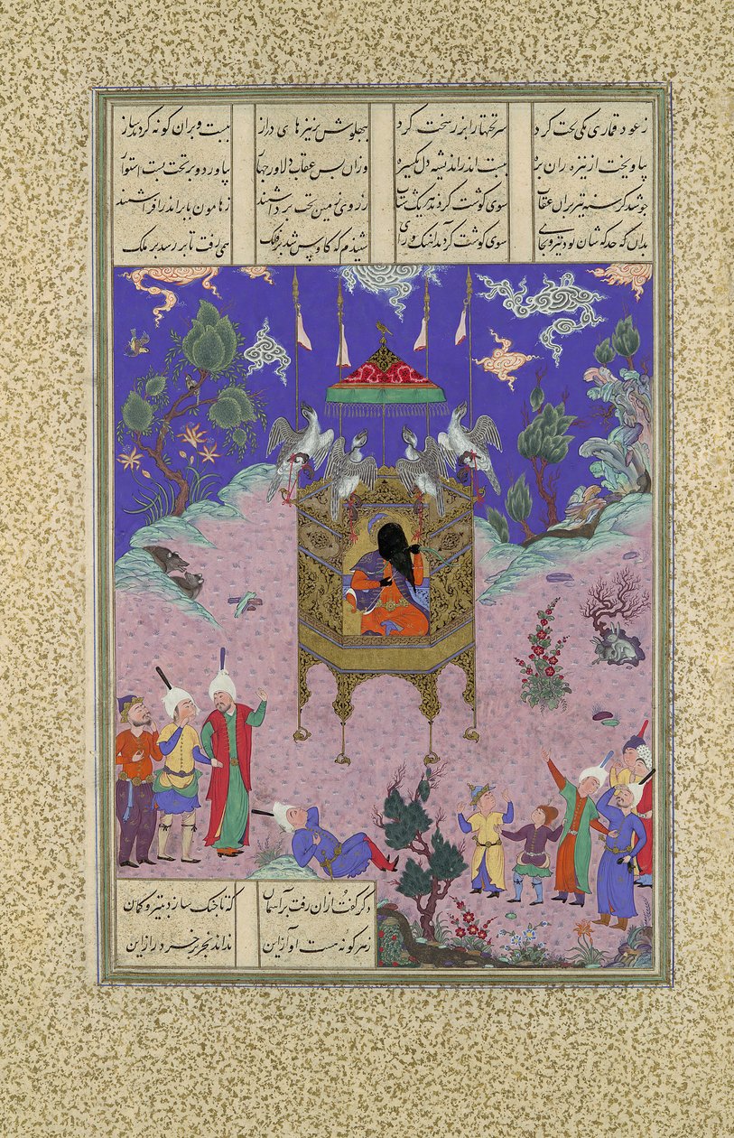 Kai Kavus Ascends to the Sky, Folio 134r från Shahnama Book of Kings..., ca. 1525-30. av Qadimi