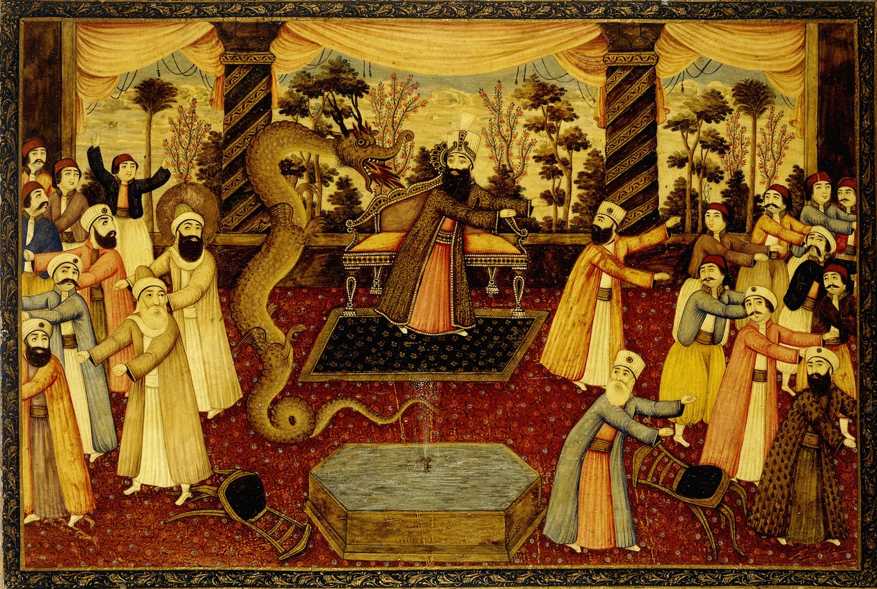 Och Han kastade sin stav, och den förvandlades till en orm, och Mose flydde från den, ca. 1860-70 av Qajar School