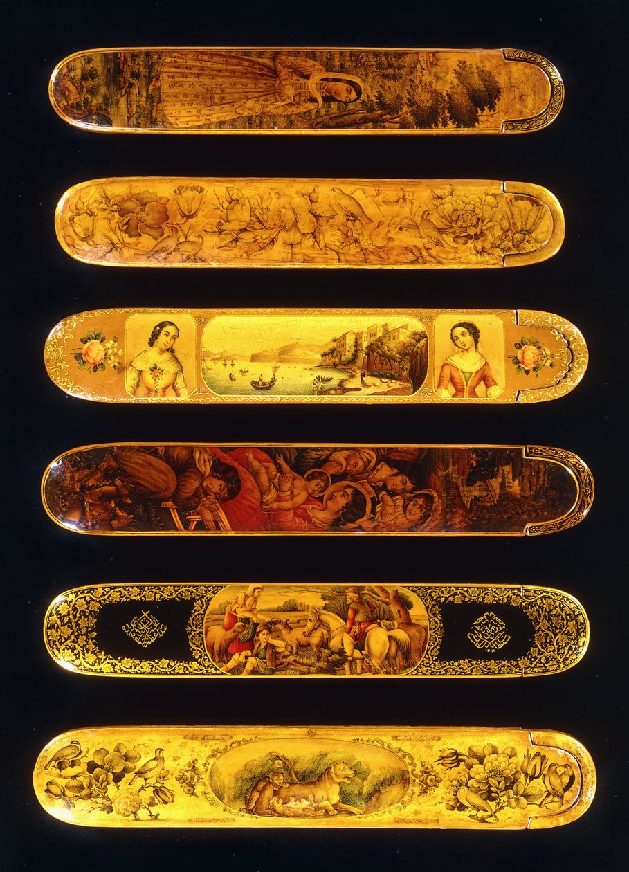 Sex qalamdans i polykrom lack av papier mache, 1800-tal av Qajar School