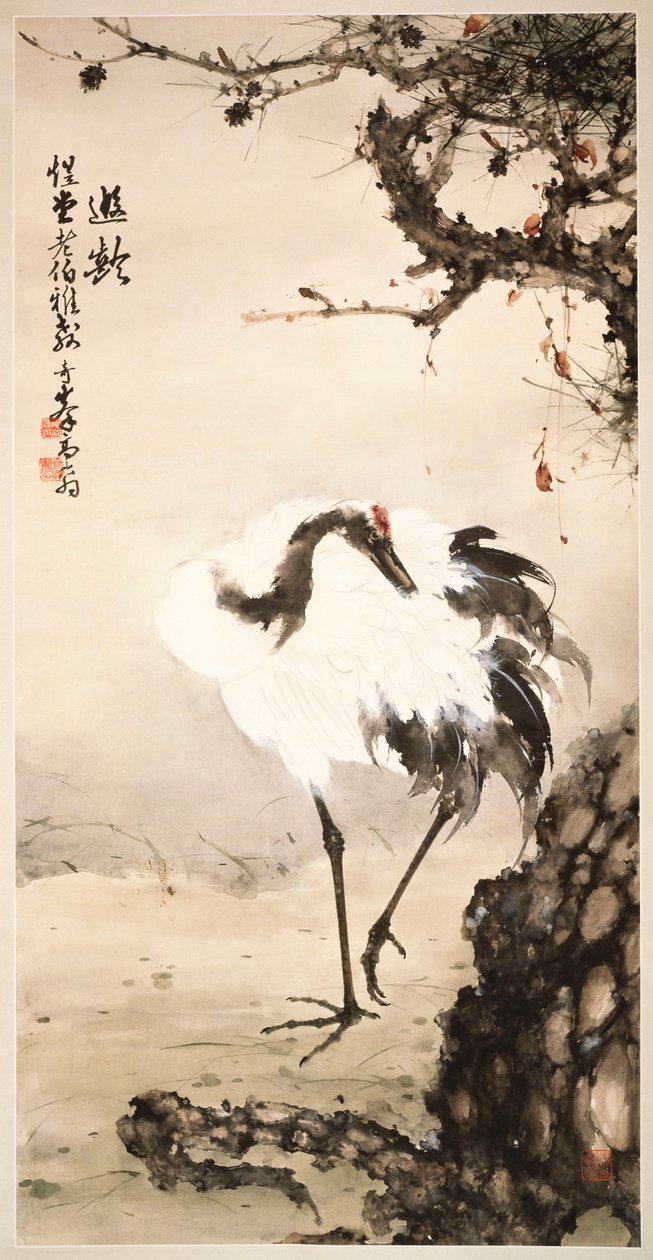 Trana under en tall (hängande rulla, bläck och färg på papper) av Qifeng Gao