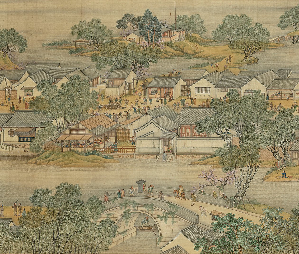 Längs floden under Qingming-festivalen, Qing Court Version, handrulla, 1736 av Qing Dynasty Chinese School