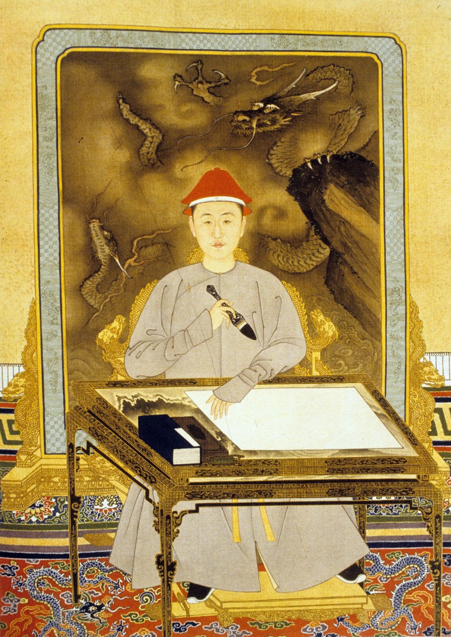 Heng Tsu eller Kangxi, Kinas kejsare vid sitt skrivbord av Qing Dynasty   Kangxi Period Chinese School