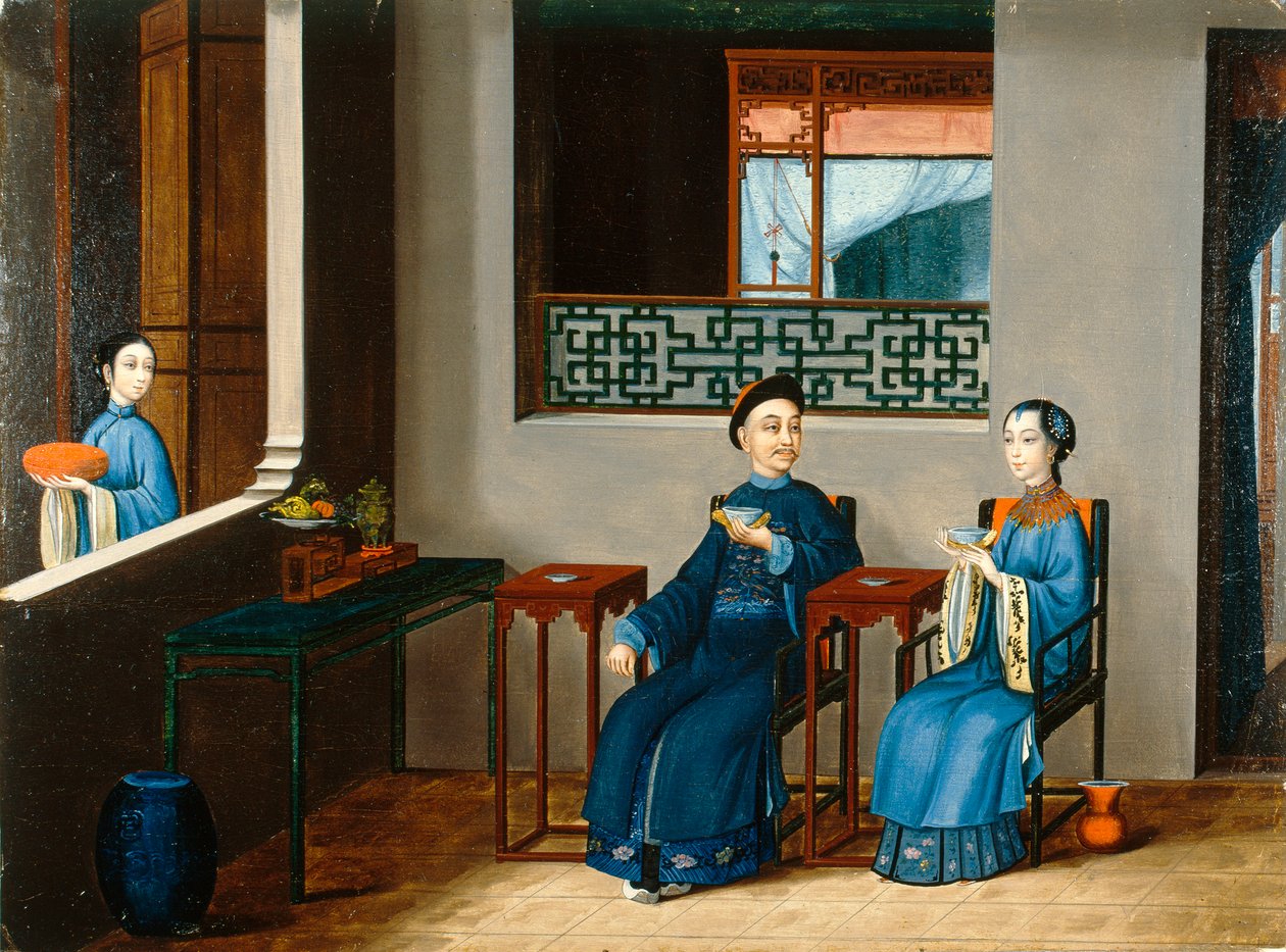 Ett par som dricker te, ca 1800 (olja på duk) av Qing Dynasty Chinese School