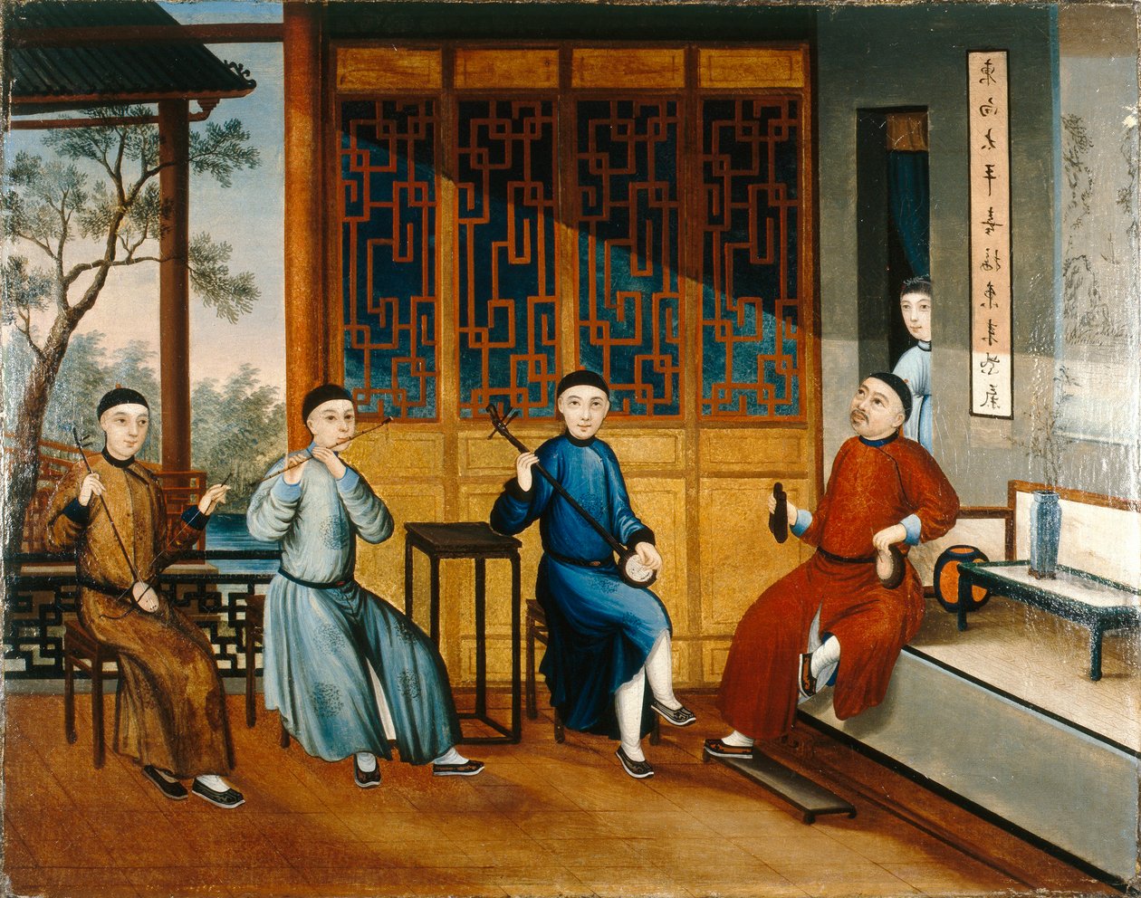 En trio musiker, ca 1800 (olja på duk) av Qing Dynasty Chinese School