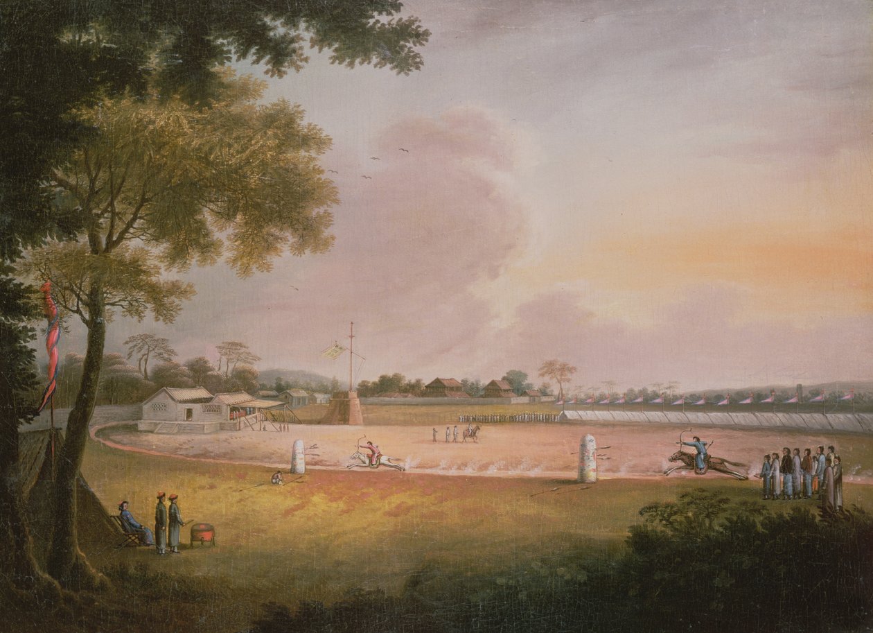 En bågskytteturnering vid ett militärläger, ca 1850 av Qing Dynasty Chinese School