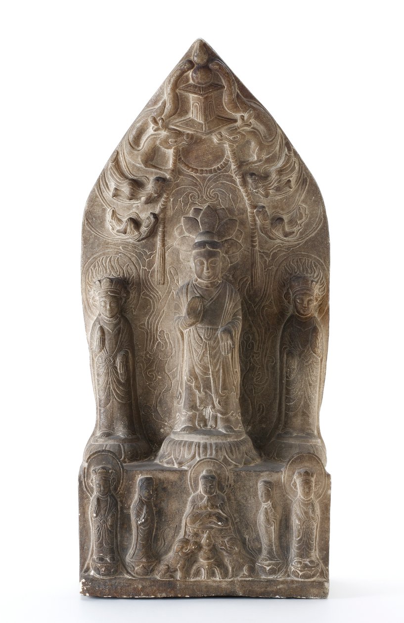 Buddhistisk treenighet i relief på lotuspiedestaler före spetsig bakgrund av Qing Dynasty Chinese School