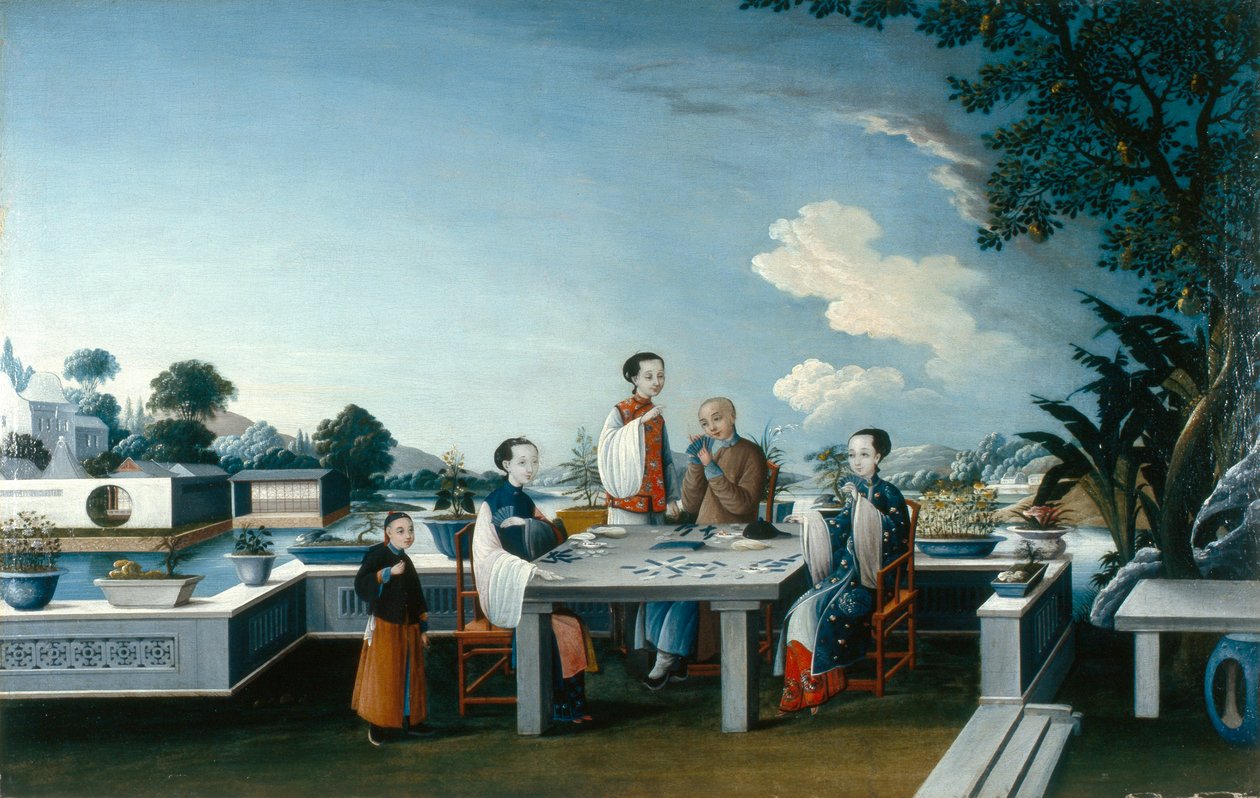 Kortspelare på en öppen terrass, ca 1800 (olja på duk) av Qing Dynasty Chinese School