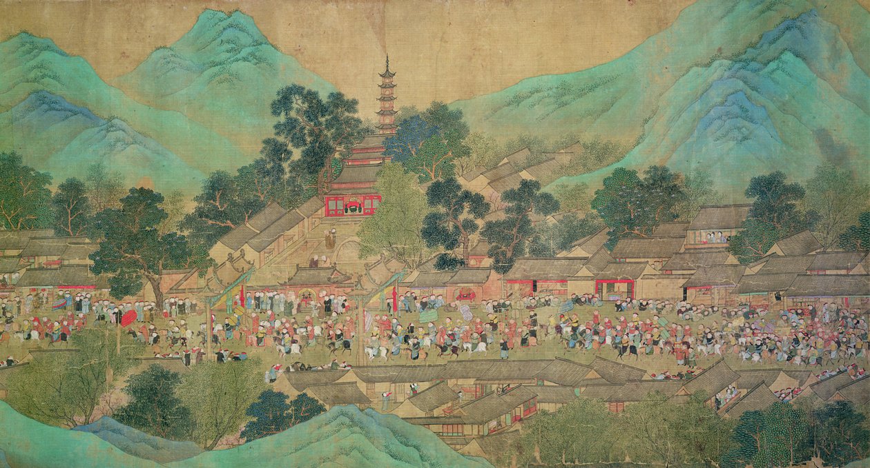 Kejsar Kang Shis rundtur i Kiang-Han 1699, efter Chaio Ping Chen (1661-1722) (bläck & färg på papper med sidenbaksida) av Qing Dynasty Chinese School