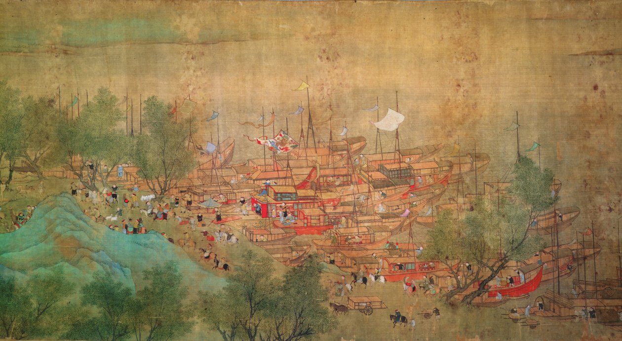Kejsar Kang Shis rundtur i Kiang-Han 1699, efter Chaio Ping Chen (1661-1722) (bläck & färg på papper med sidenbaksida) av Qing Dynasty Chinese School