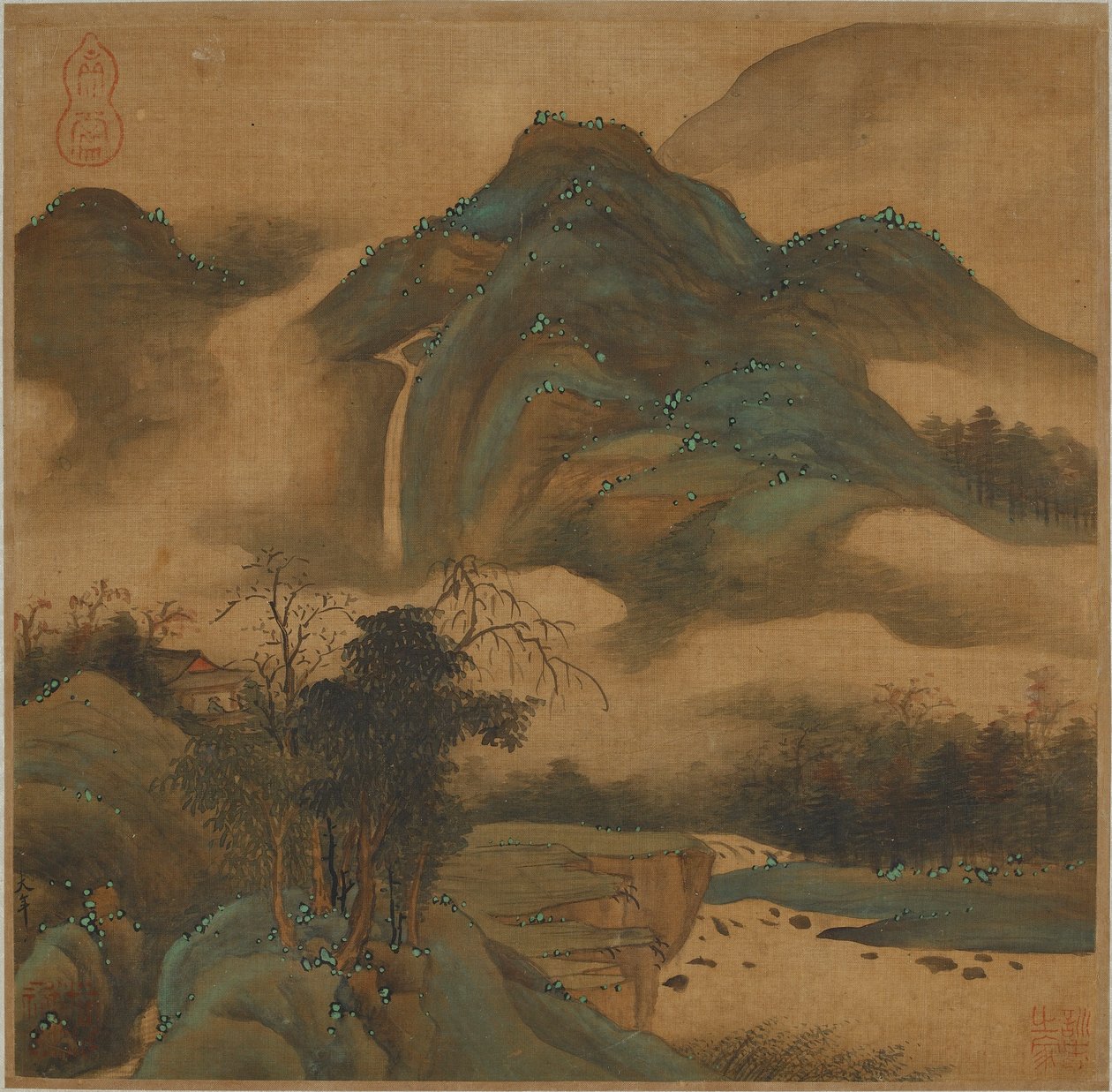 Tittar på ett vattenfall från en fjällstuga av Qing Dynasty Chinese School