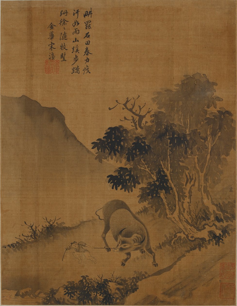 Flockpojke som drar vattenbuffel av Qing Dynasty Chinese School
