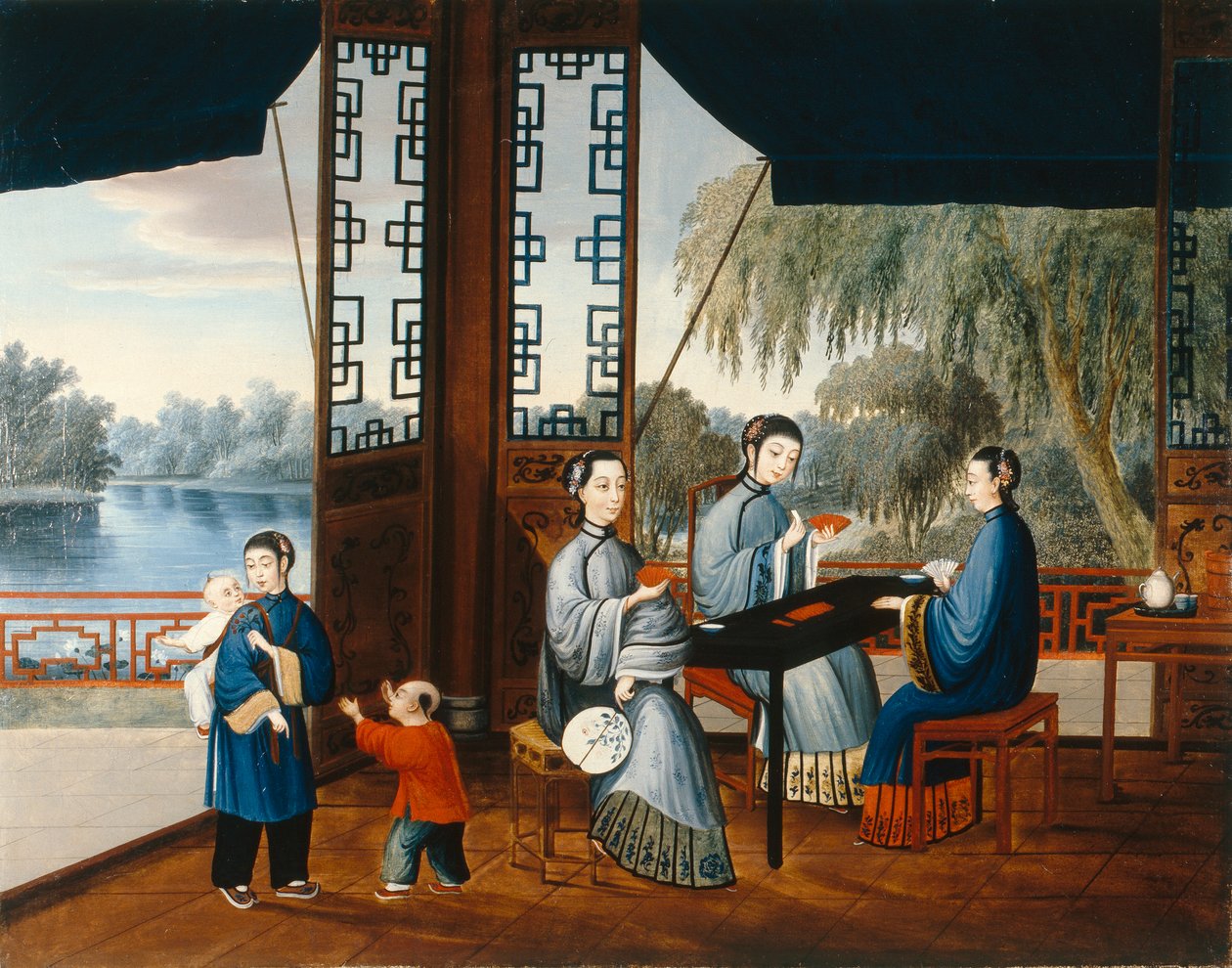 Damer som spelar kort, ca 1800 (olja på duk) av Qing Dynasty Chinese School