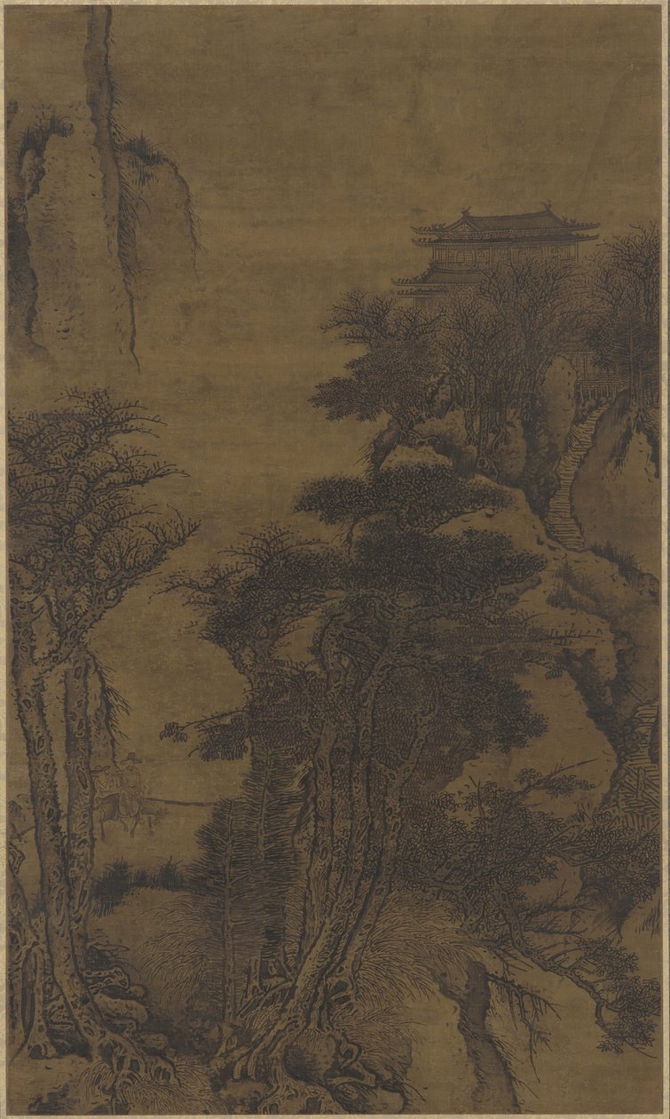 Landskap med tempel och resenärer av Qing Dynasty Chinese School