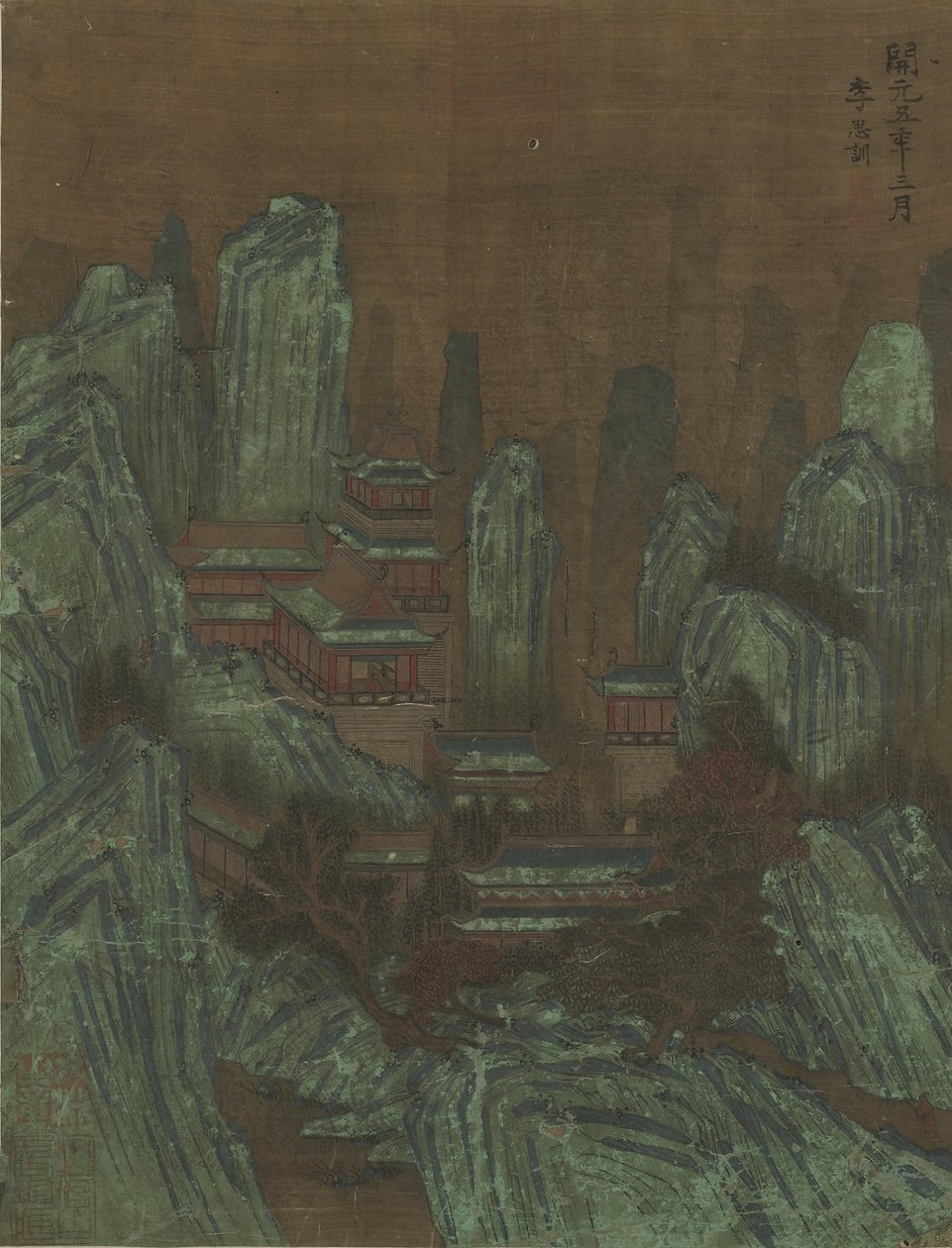 Bergstoppar och palats av Qing Dynasty Chinese School