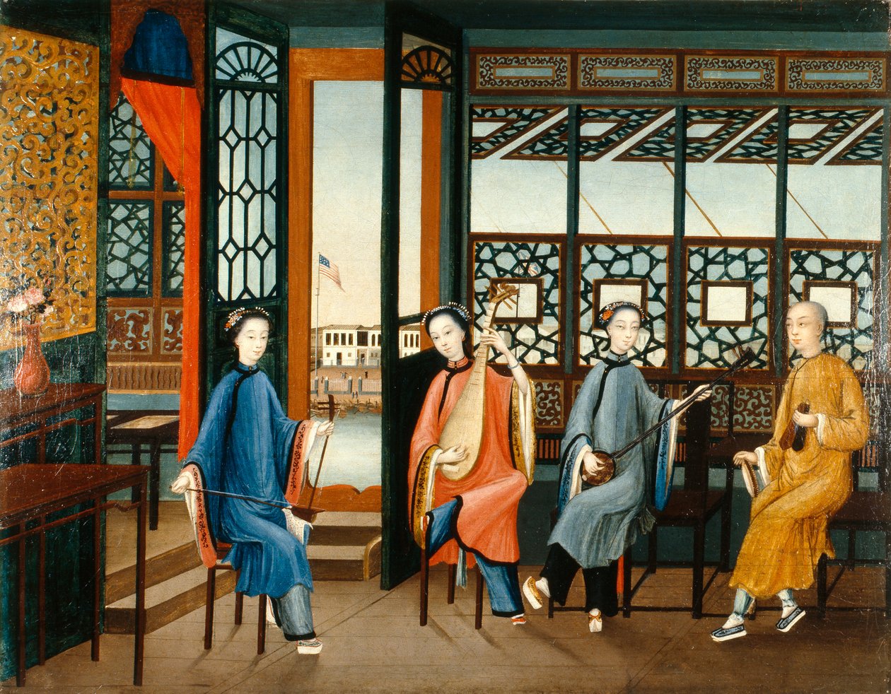 Musikalisk kvartett med amerikansk flagga, ca 1800 (olja på duk) av Qing Dynasty Chinese School