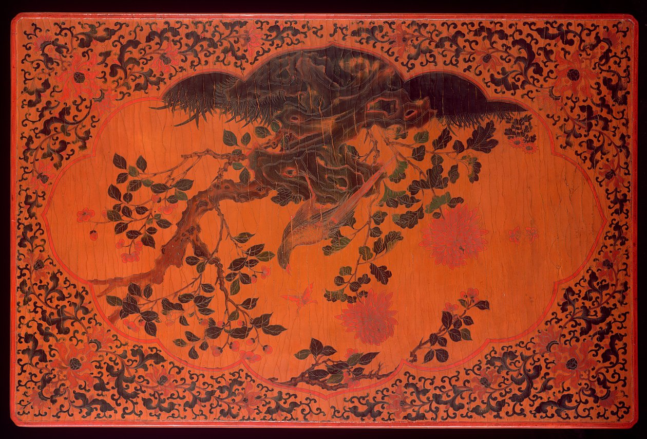 Bordsskiva, Kangxi-perioden (1662-1722) (lackerat trä & hampaduk) (se även 272135) av Qing Dynasty Chinese School