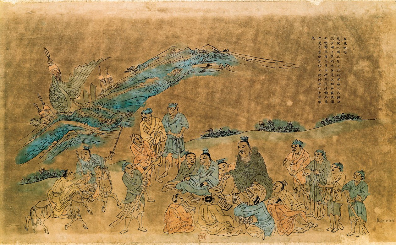 Den kinesiske filosofen Konfucius (Kong Fu Zi) (551-479 f.Kr.) omger sina lärjungar (akvarell) av Qing Dynasty Chinese School